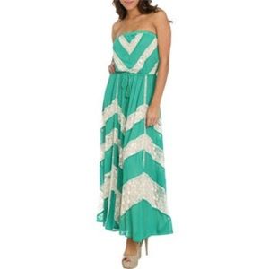 COPY - Green and ivory lace chevron strapless maxi dress